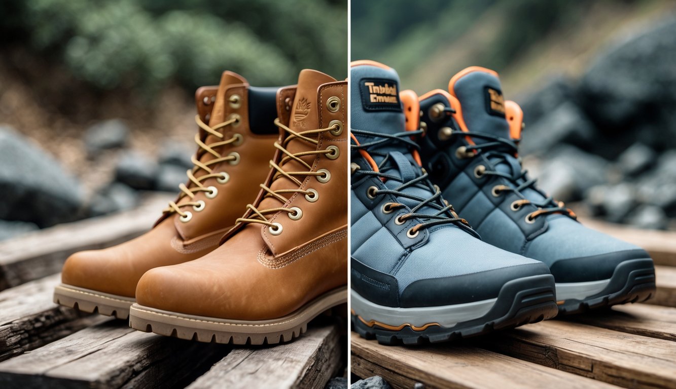 Dua pasang sepatu outdoor, satu Timberland dan satu merek lain, diletakkan berdampingan di permukaan alami dengan latar belakang alam.