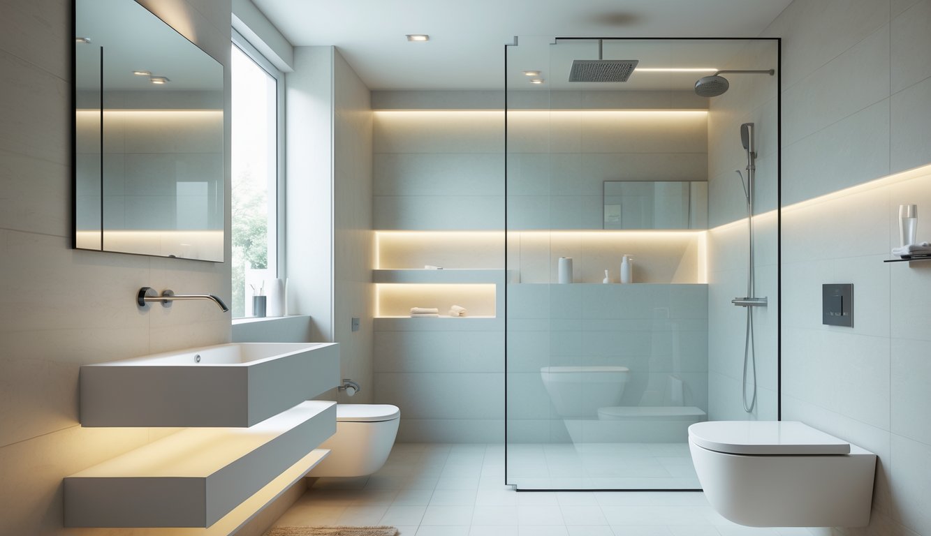 Kamar mandi kecil dengan desain modern yang terlihat luas, dilengkapi wastafel dinding, shower kaca tanpa bingkai, cermin besar, dan rak minimalis.