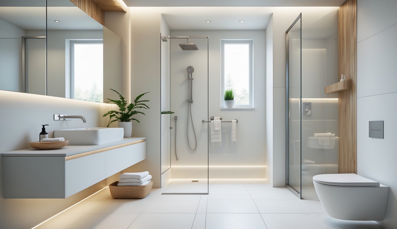 Kamar mandi modern dengan tata letak hemat ruang, dilengkapi wastafel dinding, shower kaca tanpa bingkai, dan meja rias gantung dengan penyimpanan terintegrasi.