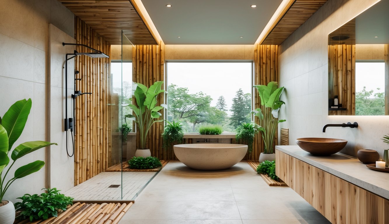 Sebuah kamar mandi modern dengan pencahayaan alami, tanaman hijau, dan bahan ramah lingkungan seperti kayu dan batu.