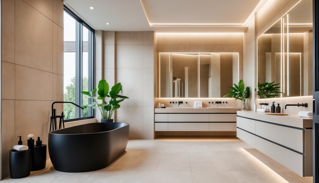 Kamar mandi mewah dengan bathtub besar, jendela besar, wastafel ganda, dan pencahayaan hangat.