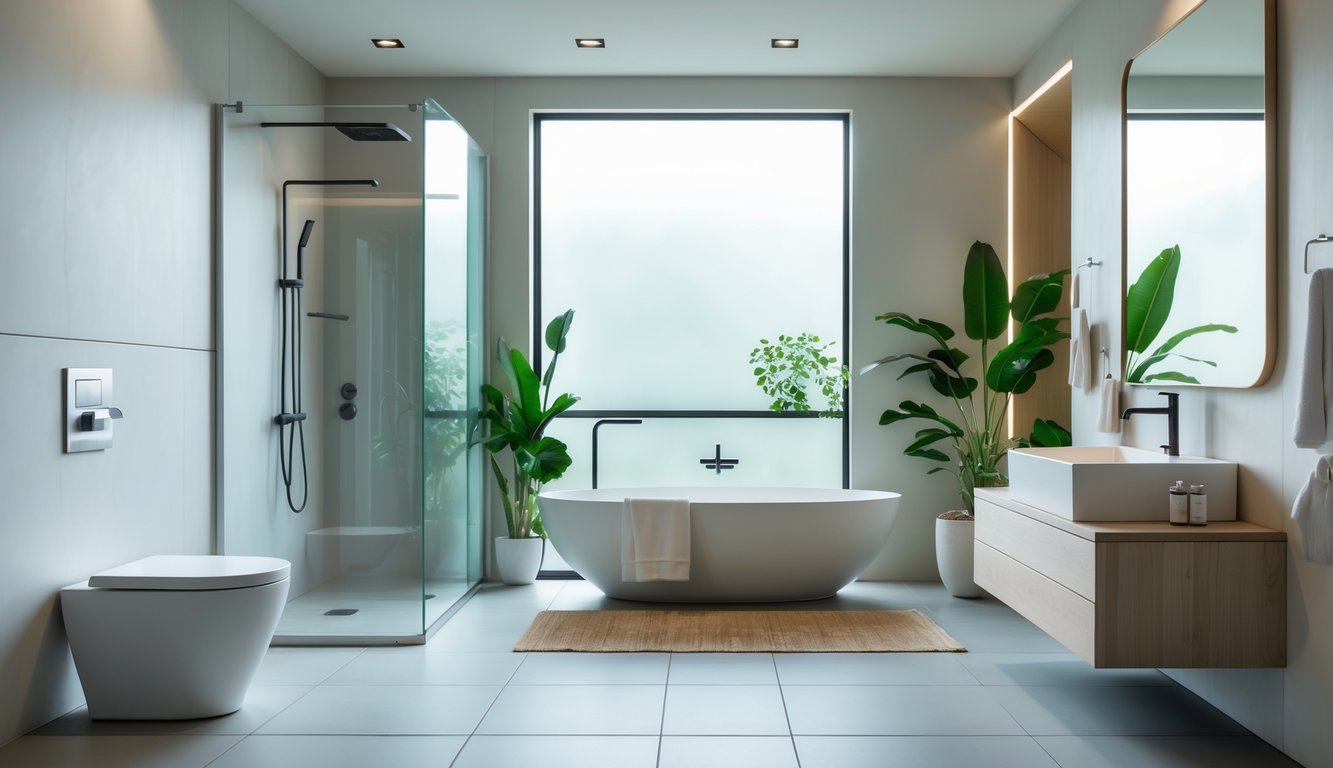 Sebuah kamar mandi modern yang nyaman dan bersih dengan bathtub, shower kaca, wastafel dengan cermin besar, dan tanaman hias di dalam ruangan.