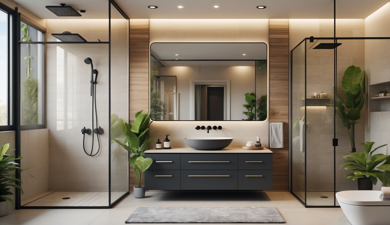 Sebuah kamar mandi modern dengan wastafel, cermin besar, shower kaca, tanaman hijau, dan pencahayaan alami.
