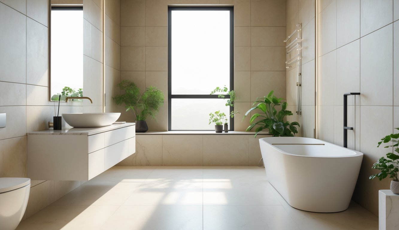 Sebuah kamar mandi modern dengan kombinasi warna netral yang elegan, dilengkapi bathtub berdiri bebas, wastafel dengan cermin besar, dan tanaman hijau di dekat jendela.