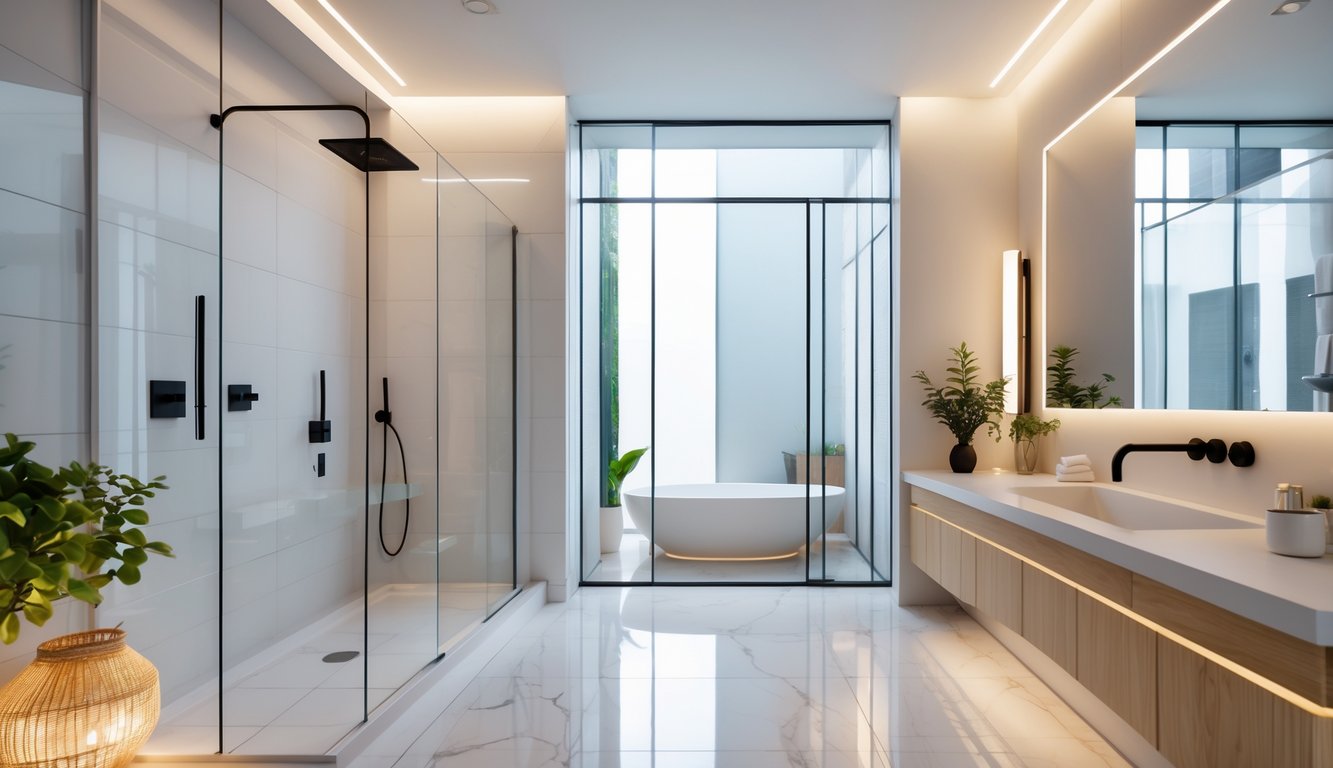 Interior kamar mandi modern dengan shower kaca, wastafel mengambang, dan tanaman kecil di sudut ruangan.