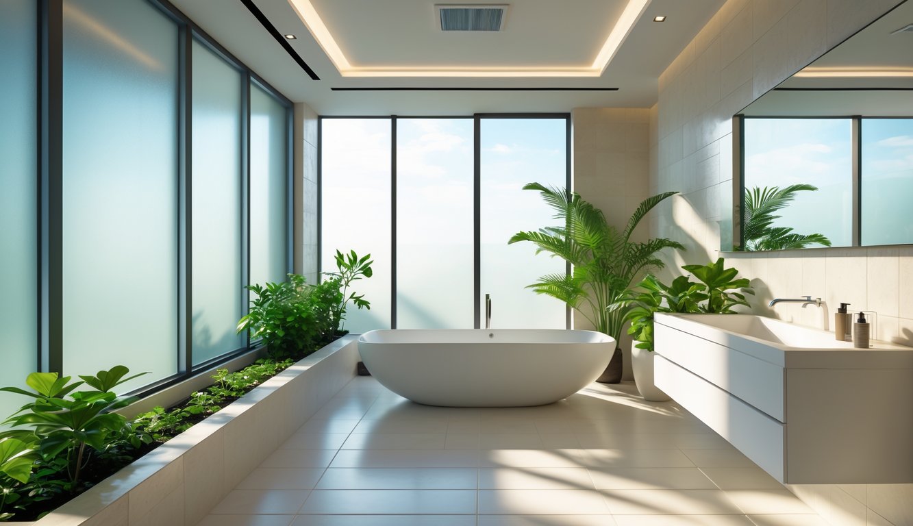 Sebuah kamar mandi modern dengan jendela besar yang memungkinkan cahaya alami masuk, tanaman hijau, dan ventilasi udara yang baik.