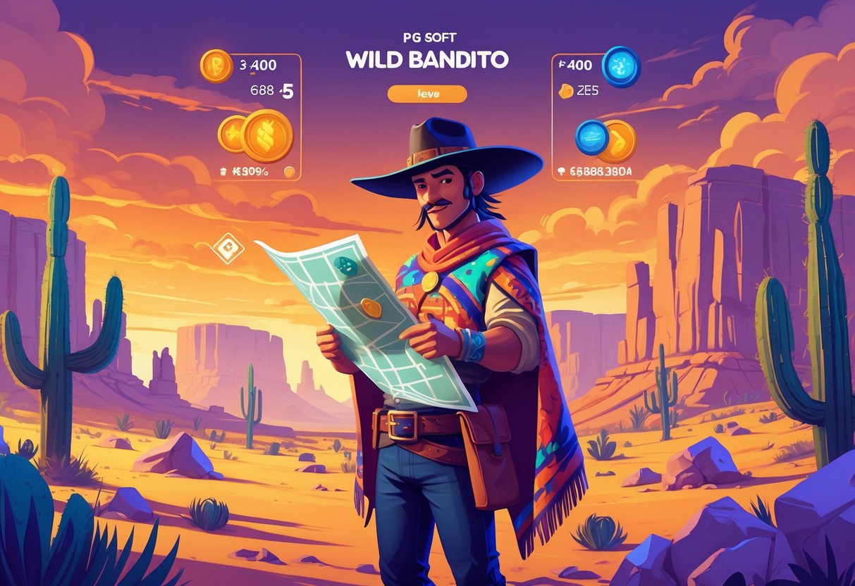 Seorang bandit berdiri di padang gurun saat matahari terbenam dengan peta dan simbol permainan di sekitarnya.