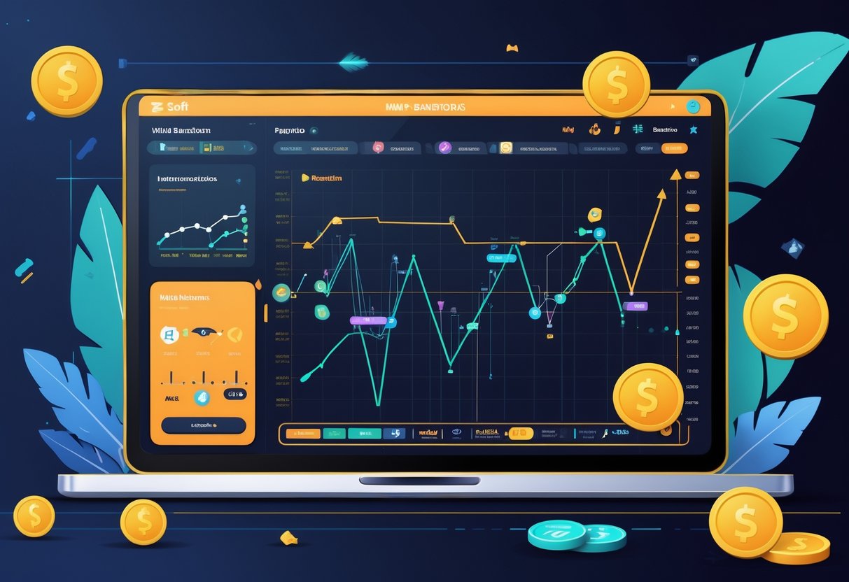 Ilustrasi profesional yang menunjukkan analisis pola, momentum, dan indikator dalam permainan Wild Bandito dengan grafik dan simbol terkait permainan.