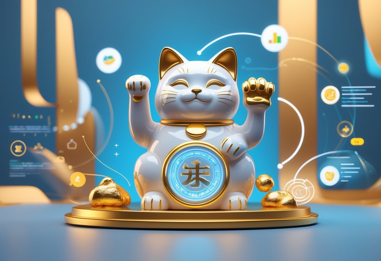 Patung Lucky Neko putih dengan aksen emas di tengah, dikelilingi oleh elemen digital seperti aliran data dan grafik, dengan latar belakang biru dan emas yang halus.
