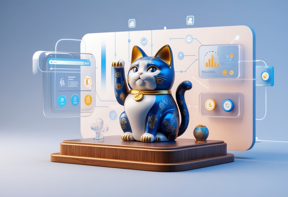 Ilustrasi patung Lucky Neko dengan latar belakang elemen digital yang melambangkan informasi dan permainan.