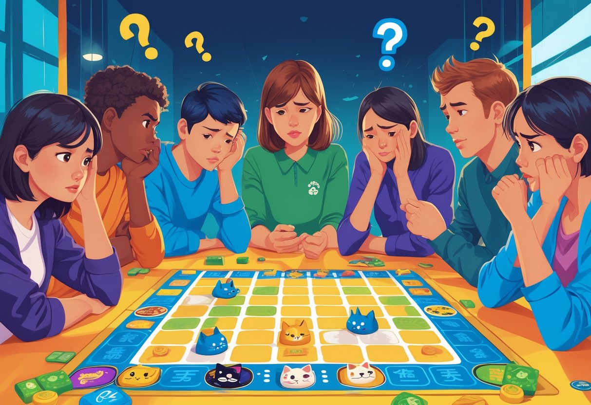 Sekelompok pemain yang terlihat bingung dan serius saat bermain game Lucky Neko dengan papan permainan berwarna cerah dan elemen kucing keberuntungan di sekitarnya.