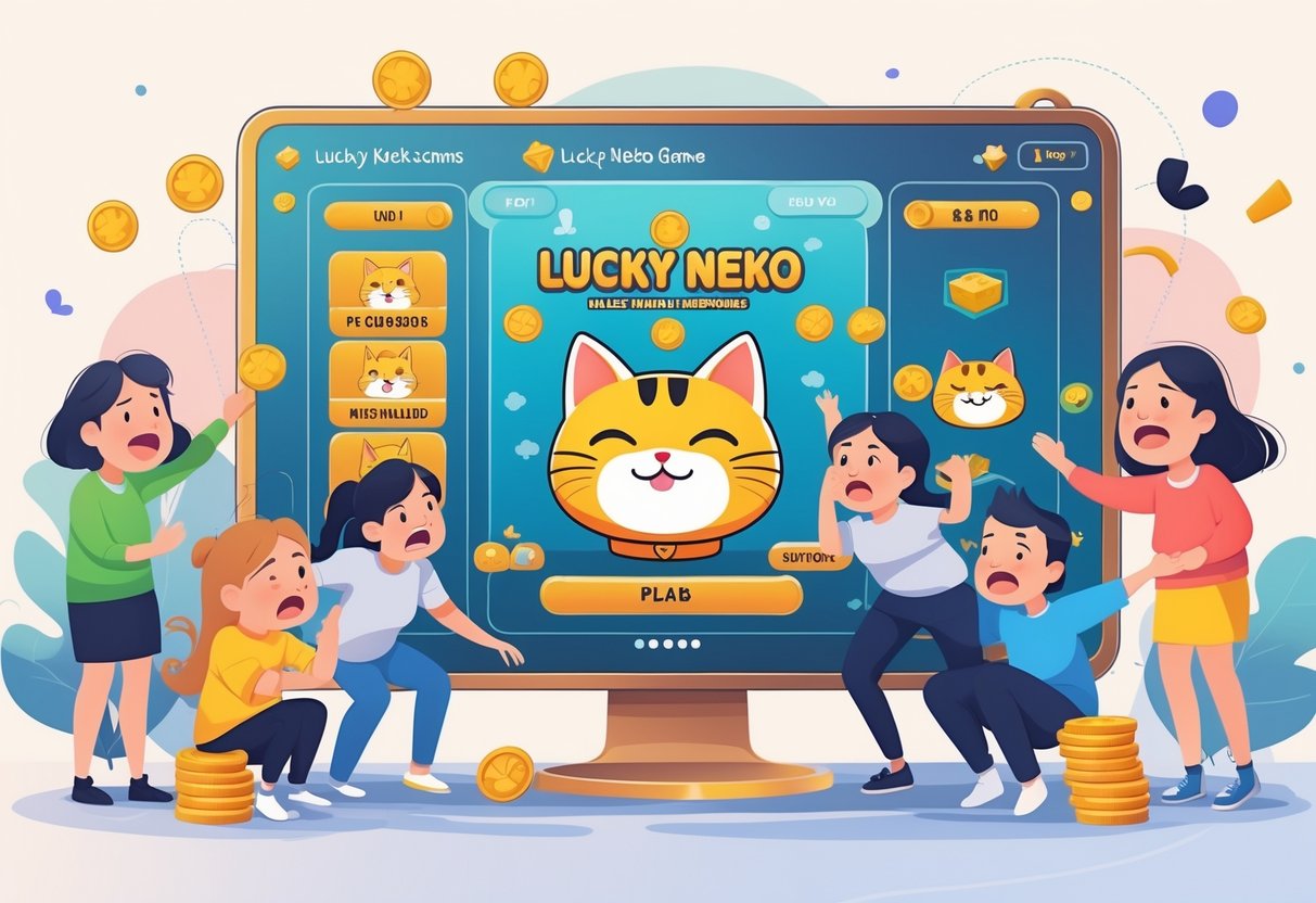 Ilustrasi pemain yang sedang memahami mekanisme permainan Lucky Neko dengan ekspresi bingung dan sadar, di depan layar permainan dengan maskot kucing keberuntungan dan simbol keberuntungan di sekitarnya.