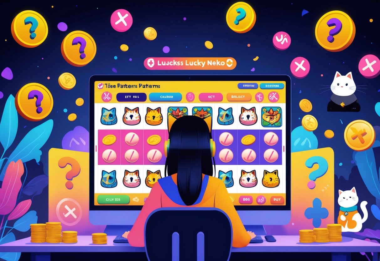 Seorang pemain duduk di depan komputer dengan layar permainan Lucky Neko, dikelilingi oleh simbol kebingungan dan kesalahan dalam memahami pola dan fitur permainan.