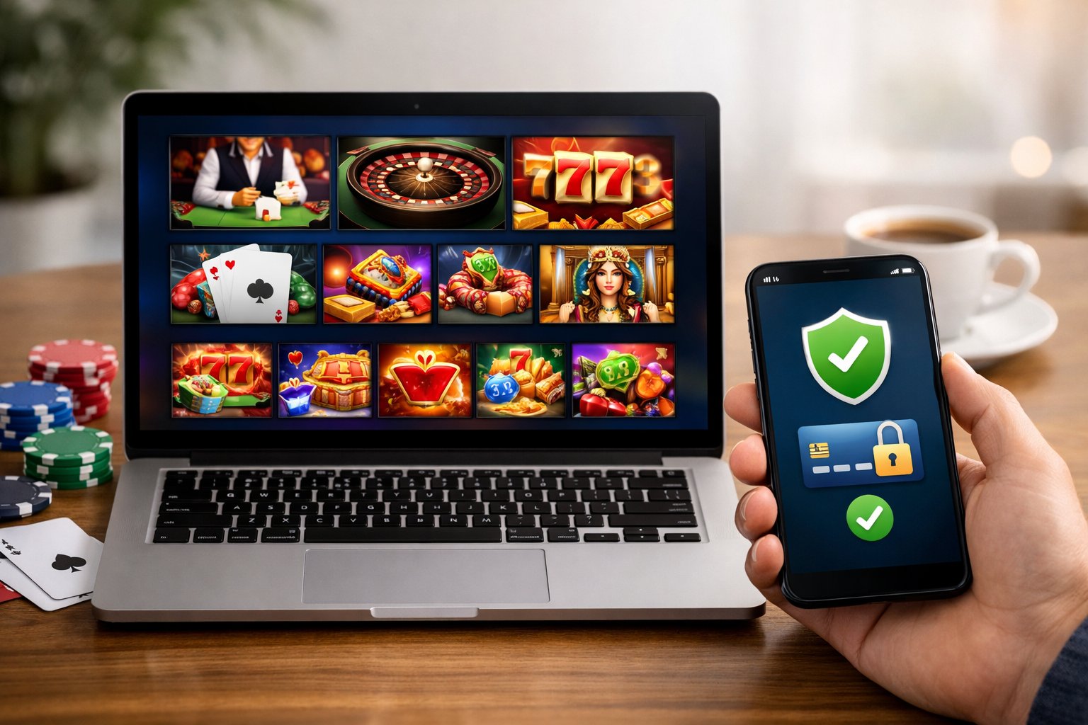 A laptop showing an online casino interface with a hand holding a smartphone displaying a payment confirmation on a wooden desk with casino chips and playing cards nearby.