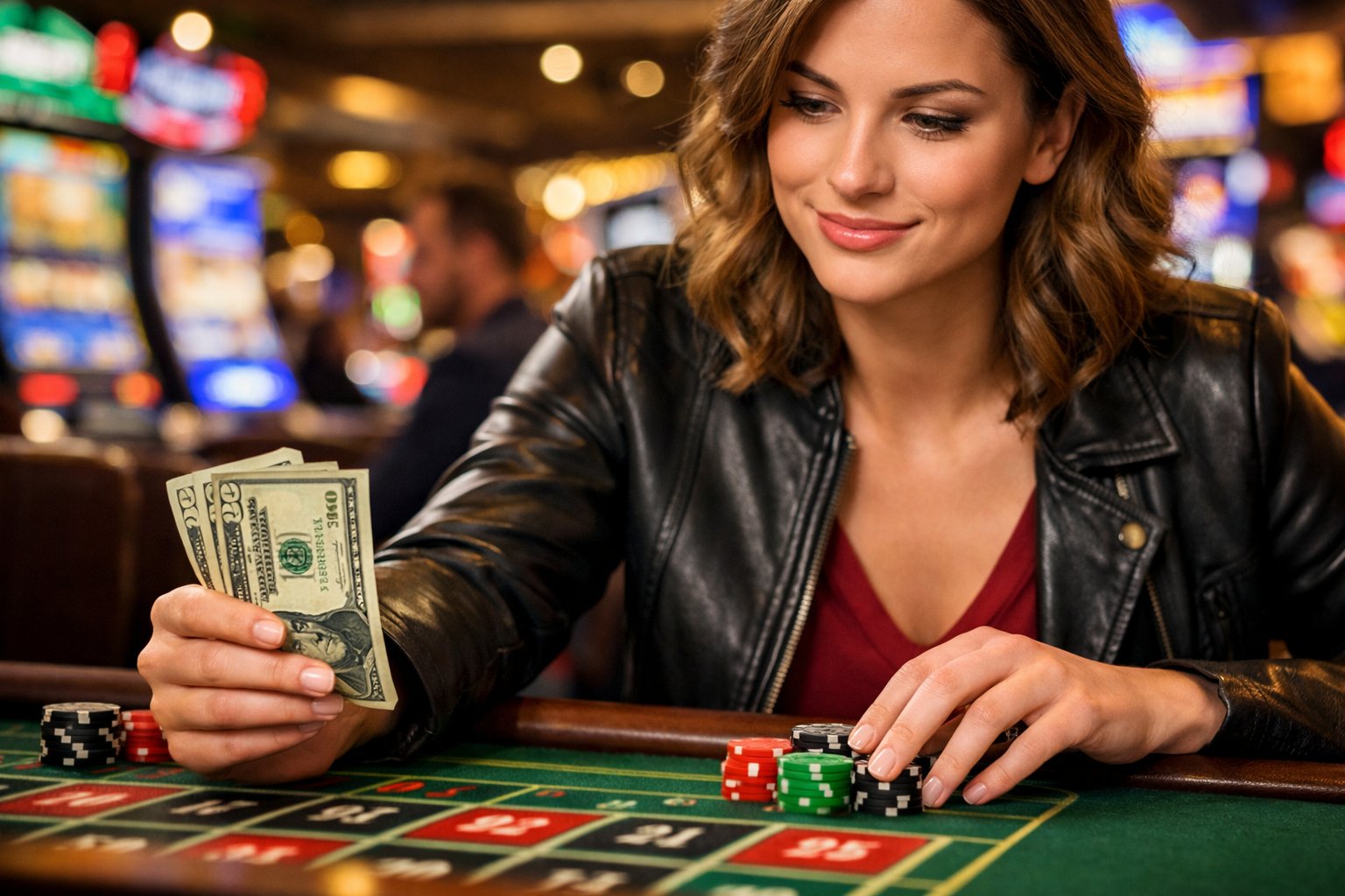 A person holding $20 cash at a casino table, placing chips and smiling with casino lights and gaming tables in the background.