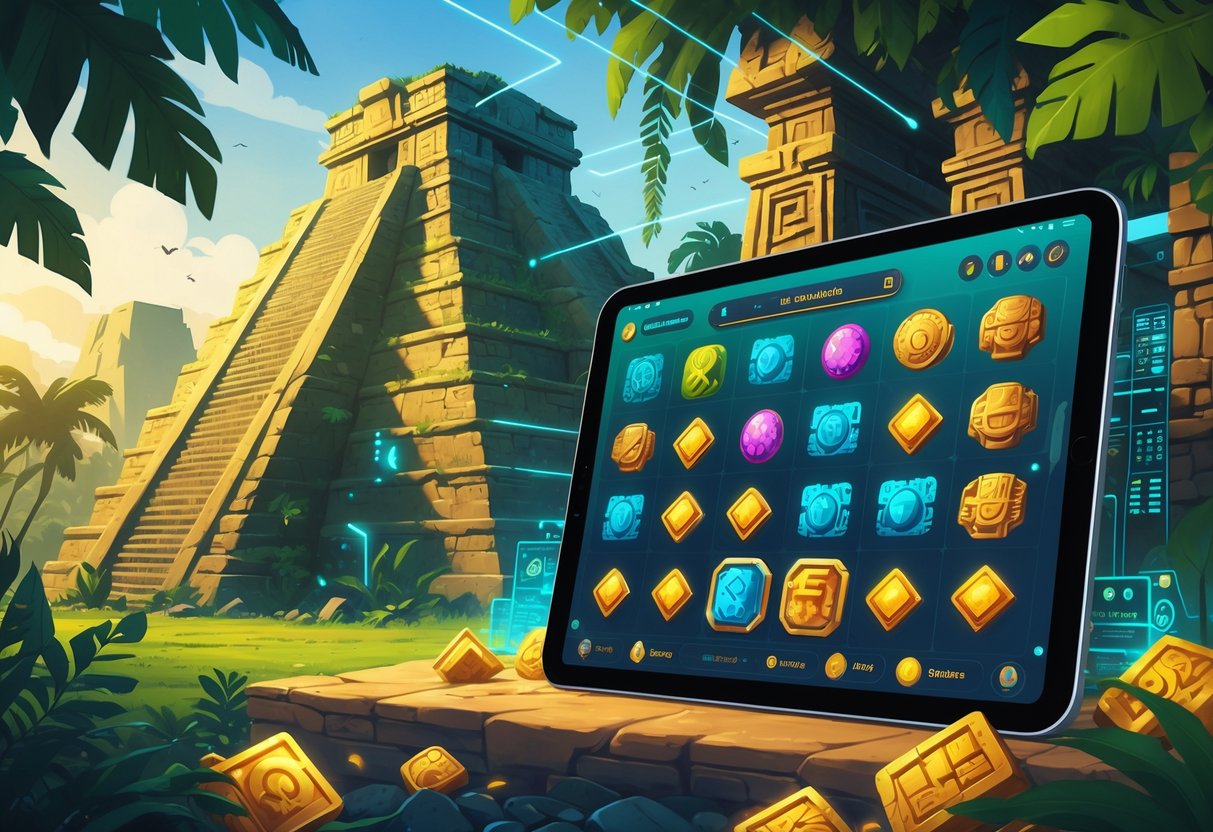 Sebuah ilustrasi yang menampilkan kuil Aztek kuno dengan harta karun emas dan perangkat digital yang menampilkan permainan Treasures of Aztec.