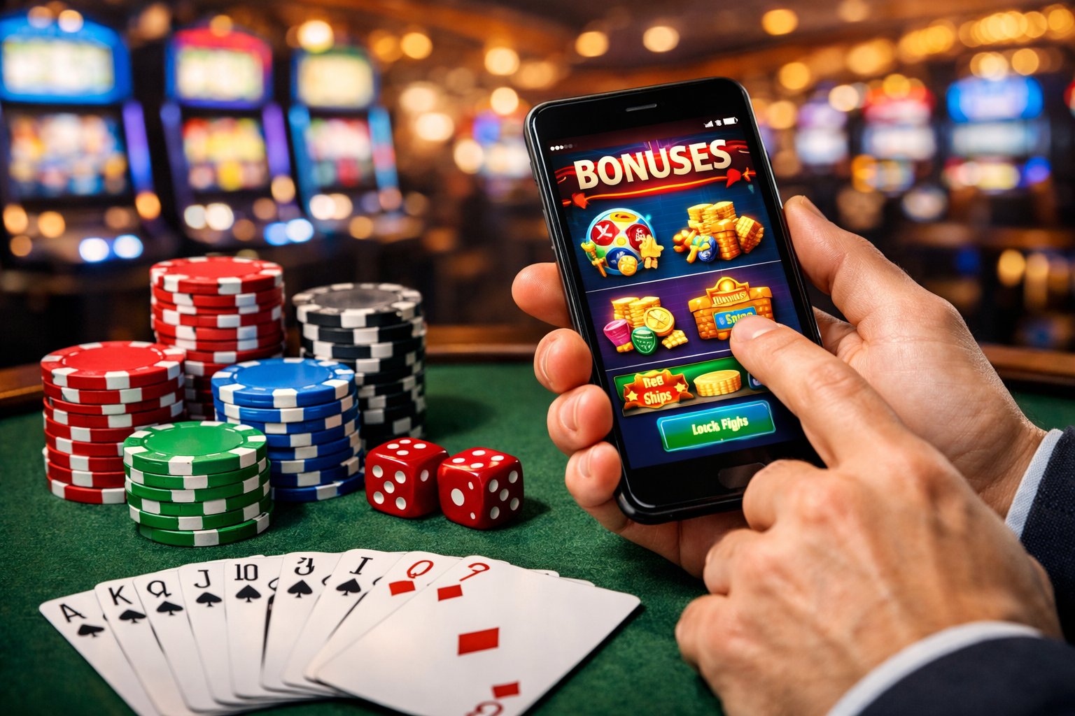A person holding a smartphone showing a casino app, with poker chips, dice, and playing cards on a table in a casino setting.