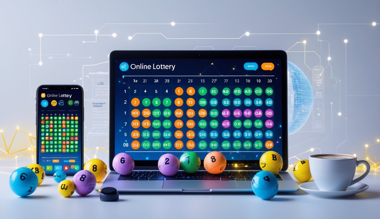 Meja kerja modern dengan laptop menampilkan layar permainan lotere angka, smartphone dengan aplikasi lotere, bola lotere bernomor, dan secangkir kopi.
