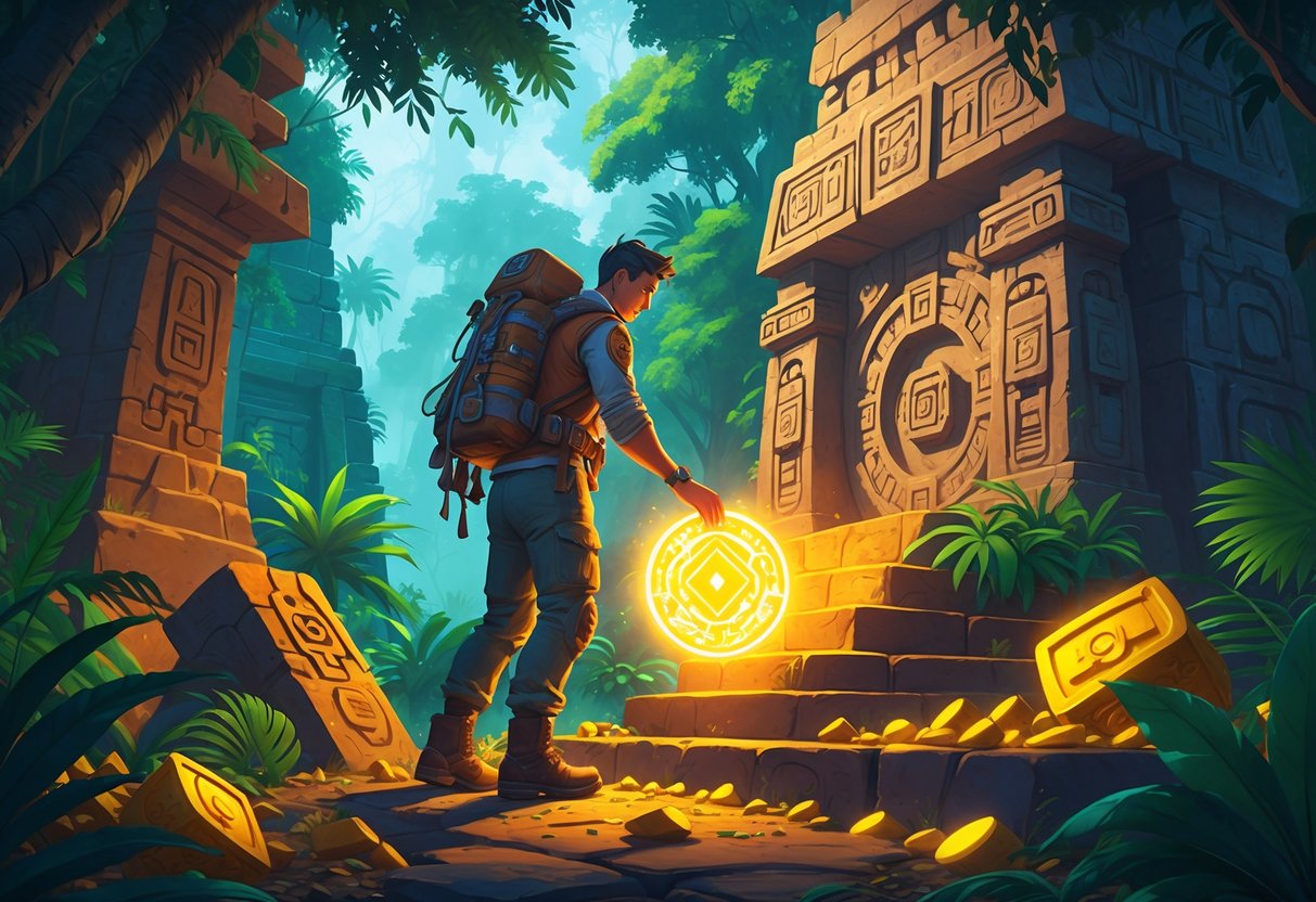 Seorang penjelajah sedang memeriksa artefak kuno di tengah hutan Aztek dengan kuil batu dan harta karun emas di sekitarnya.