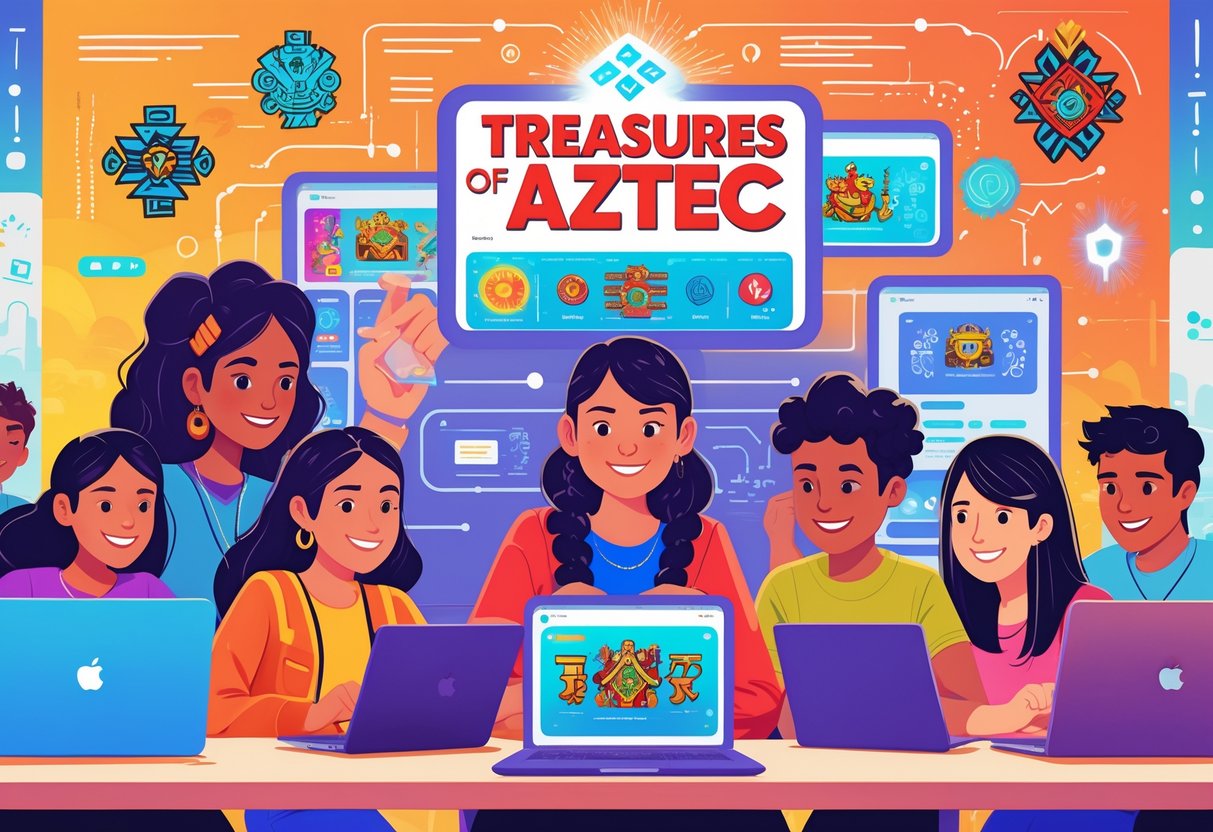 Sekelompok orang muda sedang belajar menggunakan perangkat digital dengan tema permainan Aztec di ruang kelas modern.
