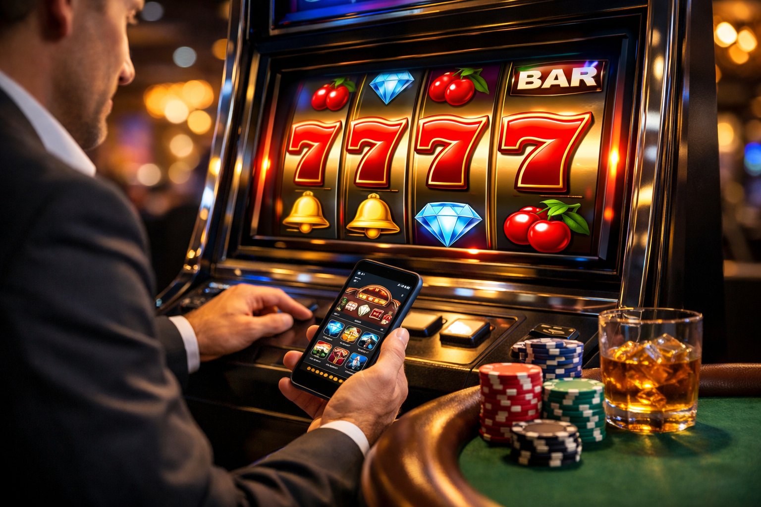 A person playing a digital slot machine in a casino with poker chips and a smartphone nearby.