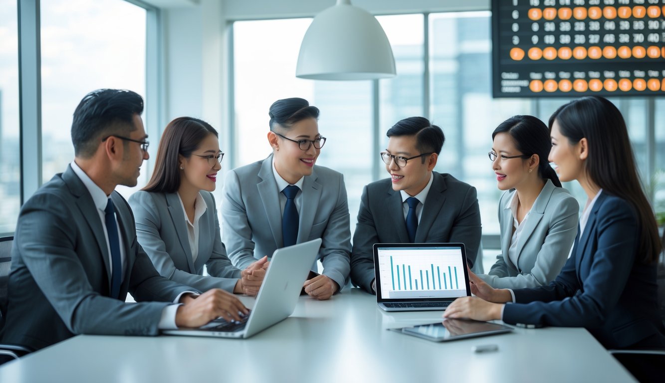 Sekelompok profesional bisnis sedang berdiskusi di kantor modern dengan perangkat digital di meja.