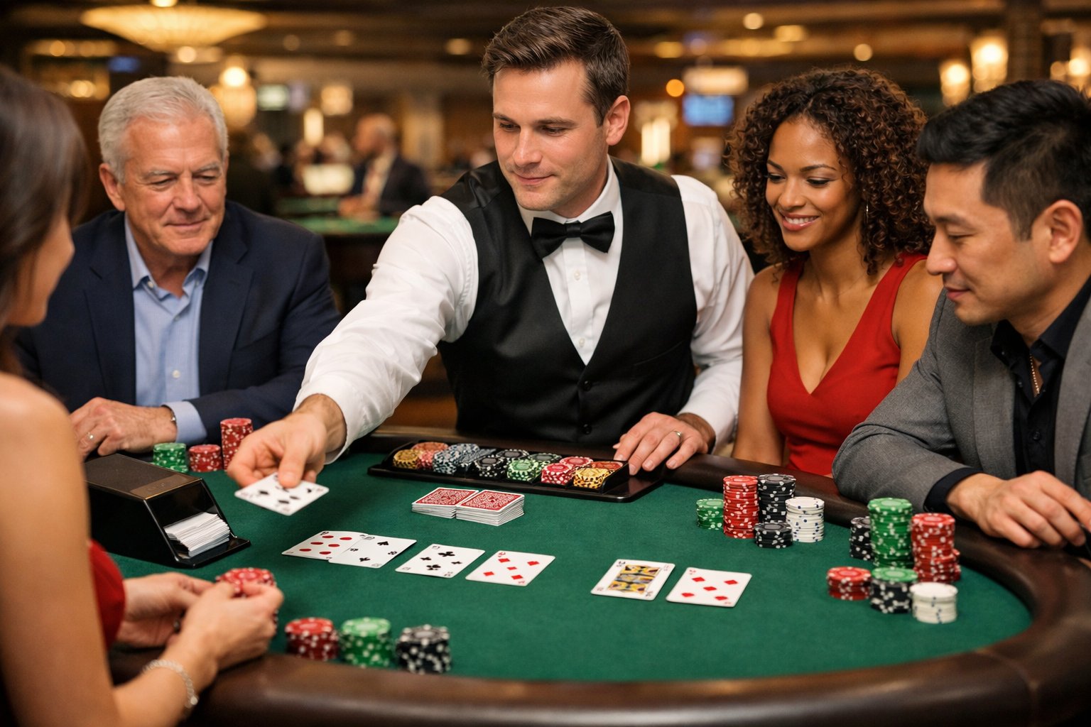 People playing blackjack at a casino table with a dealer dealing cards.