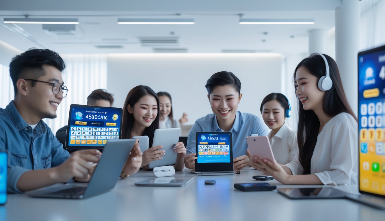 Beberapa orang menggunakan perangkat elektronik untuk bermain togel online di ruang kerja modern.