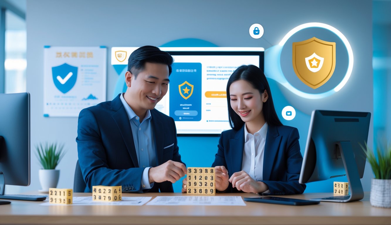 Seorang pria dan wanita bekerja sama di kantor modern dengan tiket lotere dan perangkat digital, menunjukkan suasana resmi dan aman.