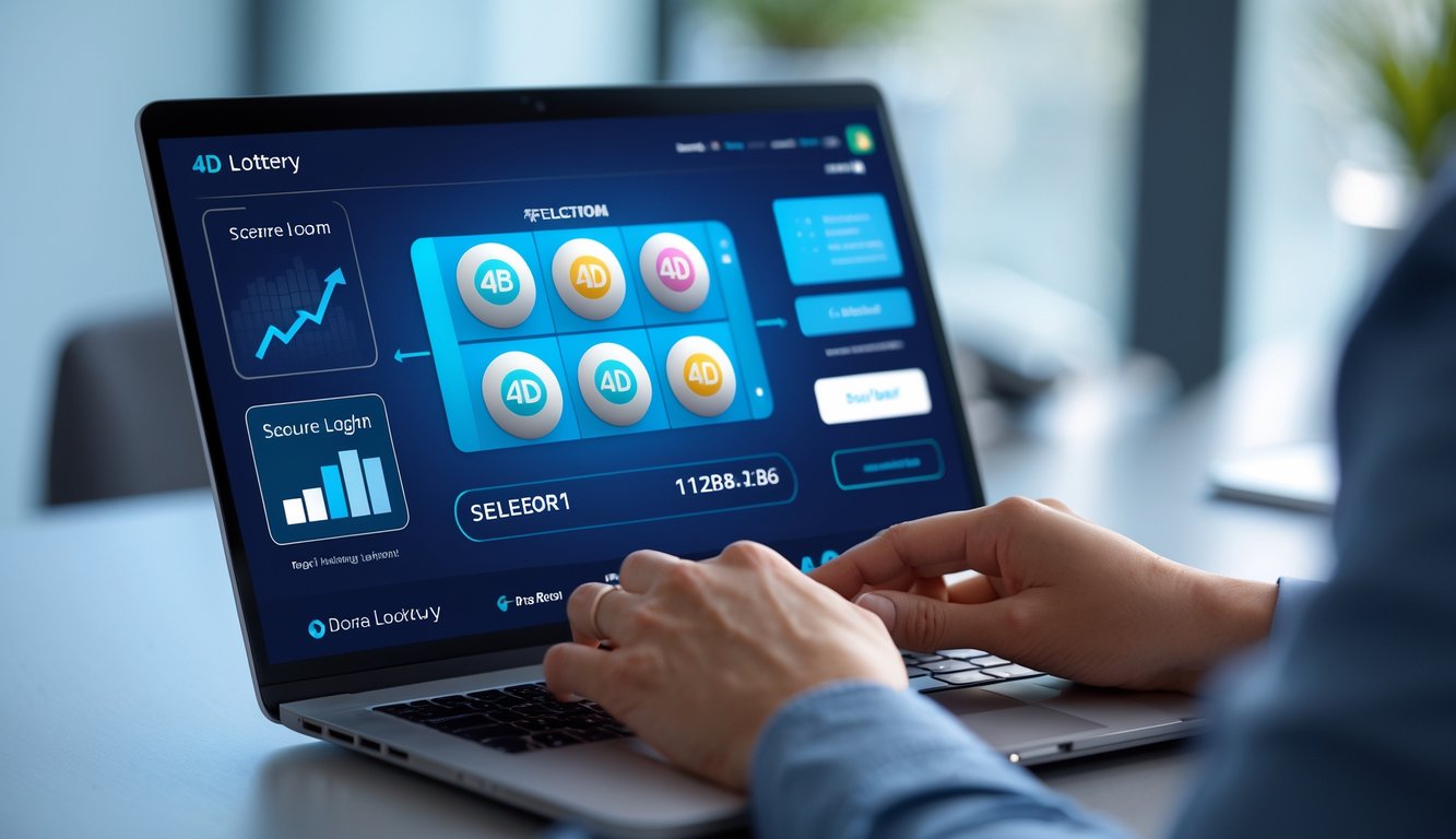 Seseorang menggunakan laptop di meja kerja dengan layar menampilkan antarmuka pemilihan tiket lotere 4D digital.