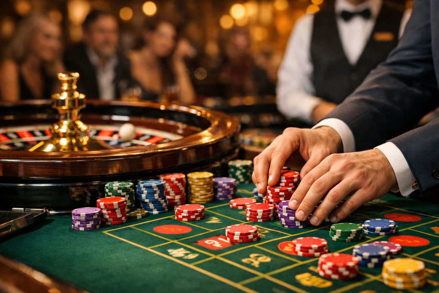 A person placing chips on a roulette table with the wheel spinning and a dealer nearby in a casino.