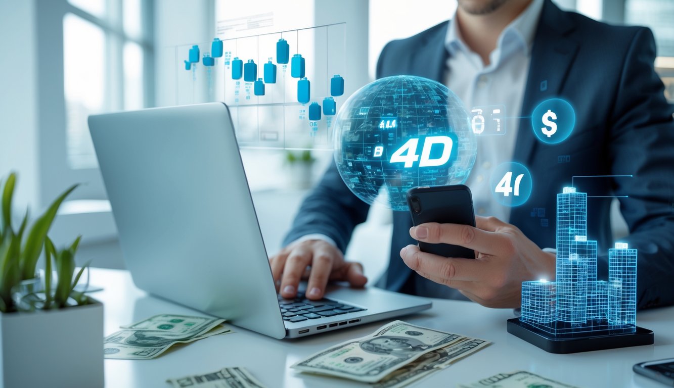 Seorang profesional menggunakan laptop dan ponsel di ruang kantor modern dengan elemen digital yang menunjukkan transaksi keuangan cepat.