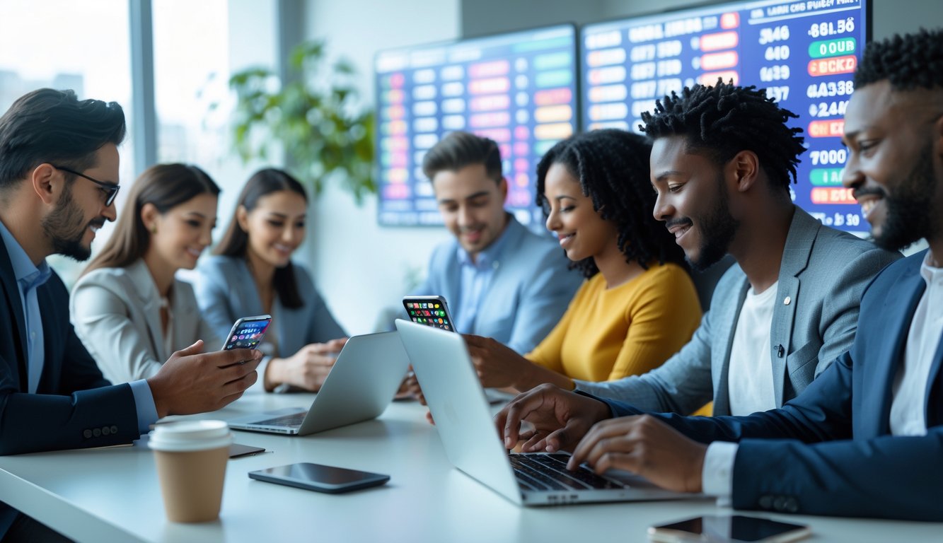 Beberapa orang sedang melihat hasil lotere di layar digital dan perangkat seluler di sebuah kantor modern.