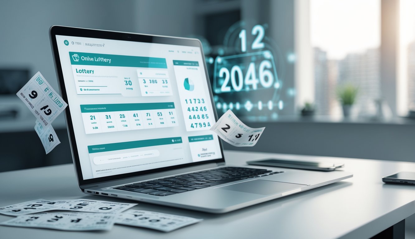 Sebuah ruang kerja modern dengan laptop menampilkan antarmuka lotere digital dan tiket lotere di atas meja.