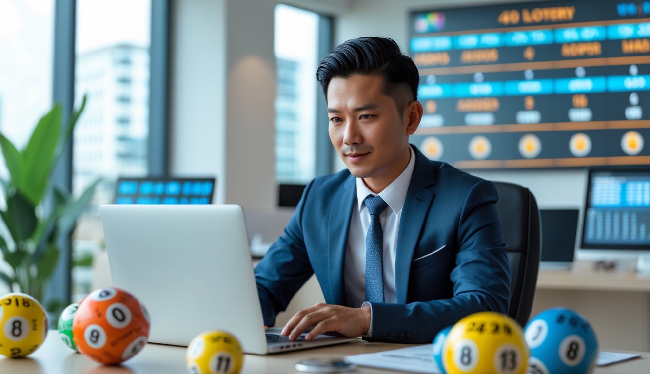 Seorang pria Asia Tenggara mengenakan pakaian profesional sedang bekerja dengan laptop di kantor modern dengan latar belakang elemen lotere seperti bola lotere dan layar digital.