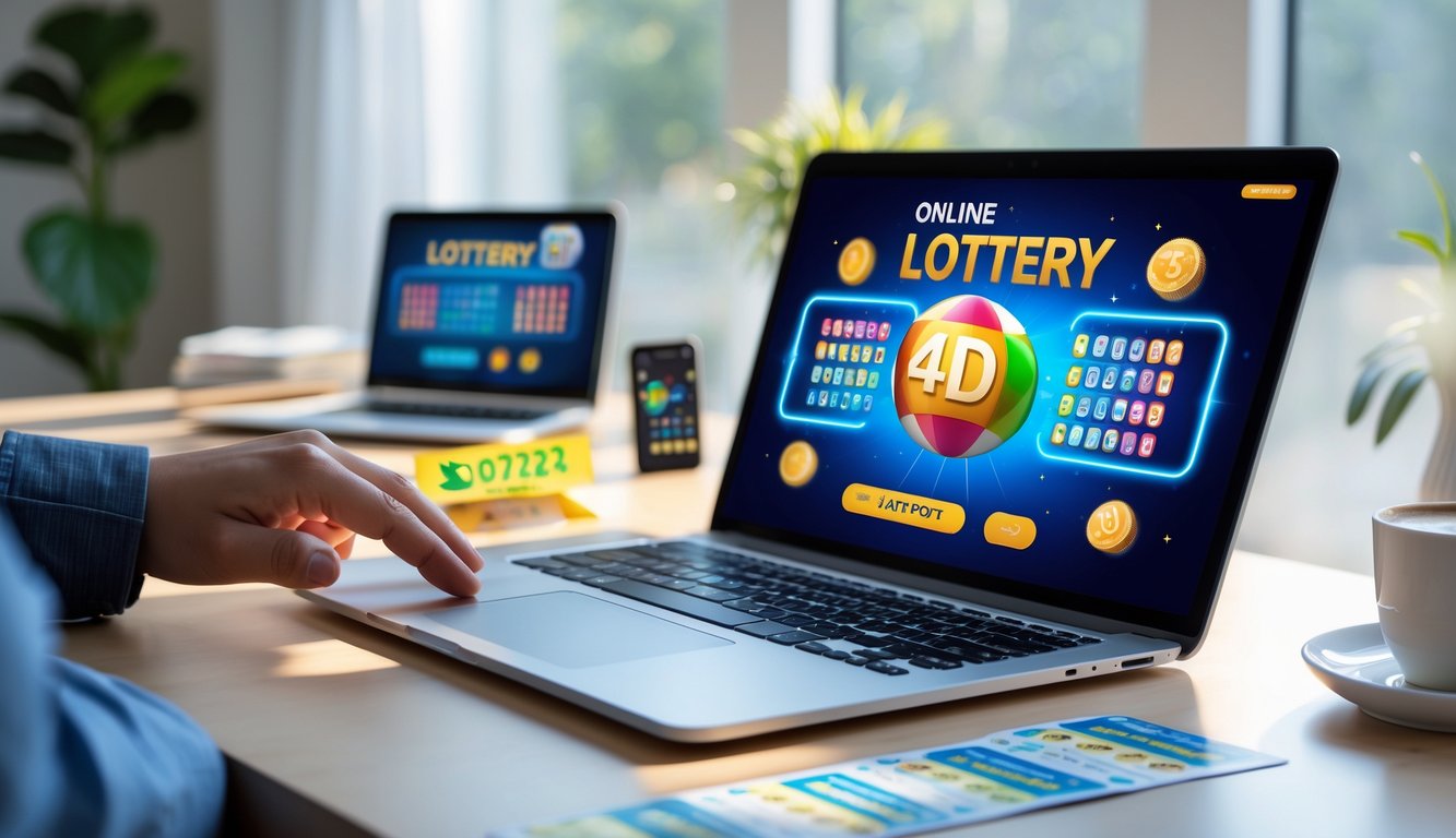 Seseorang menggunakan laptop di meja kerja dengan tampilan antarmuka lotere online dan elemen terkait lotere di sekitarnya.