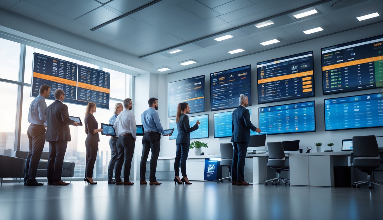 Sekelompok orang yang sedang melihat layar digital dengan informasi pertandingan olahraga di sebuah ruang kantor modern.