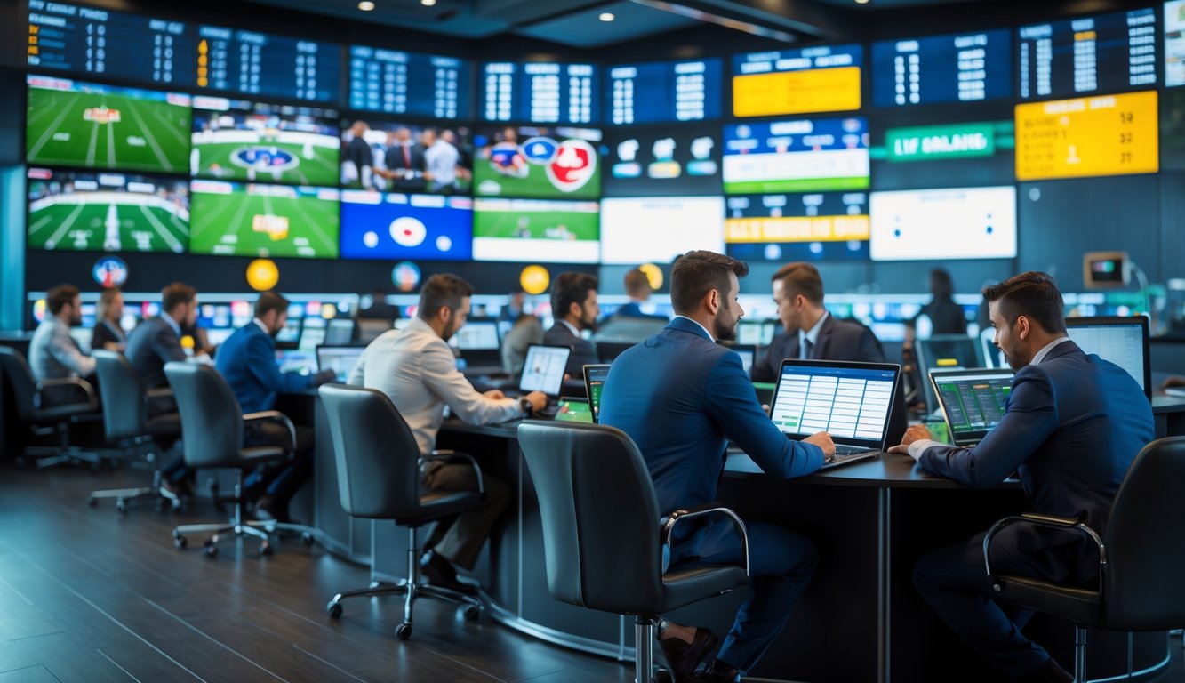 Beberapa orang profesional sedang memasang taruhan olahraga di ruangan dengan layar besar yang menampilkan berbagai pertandingan olahraga secara langsung.