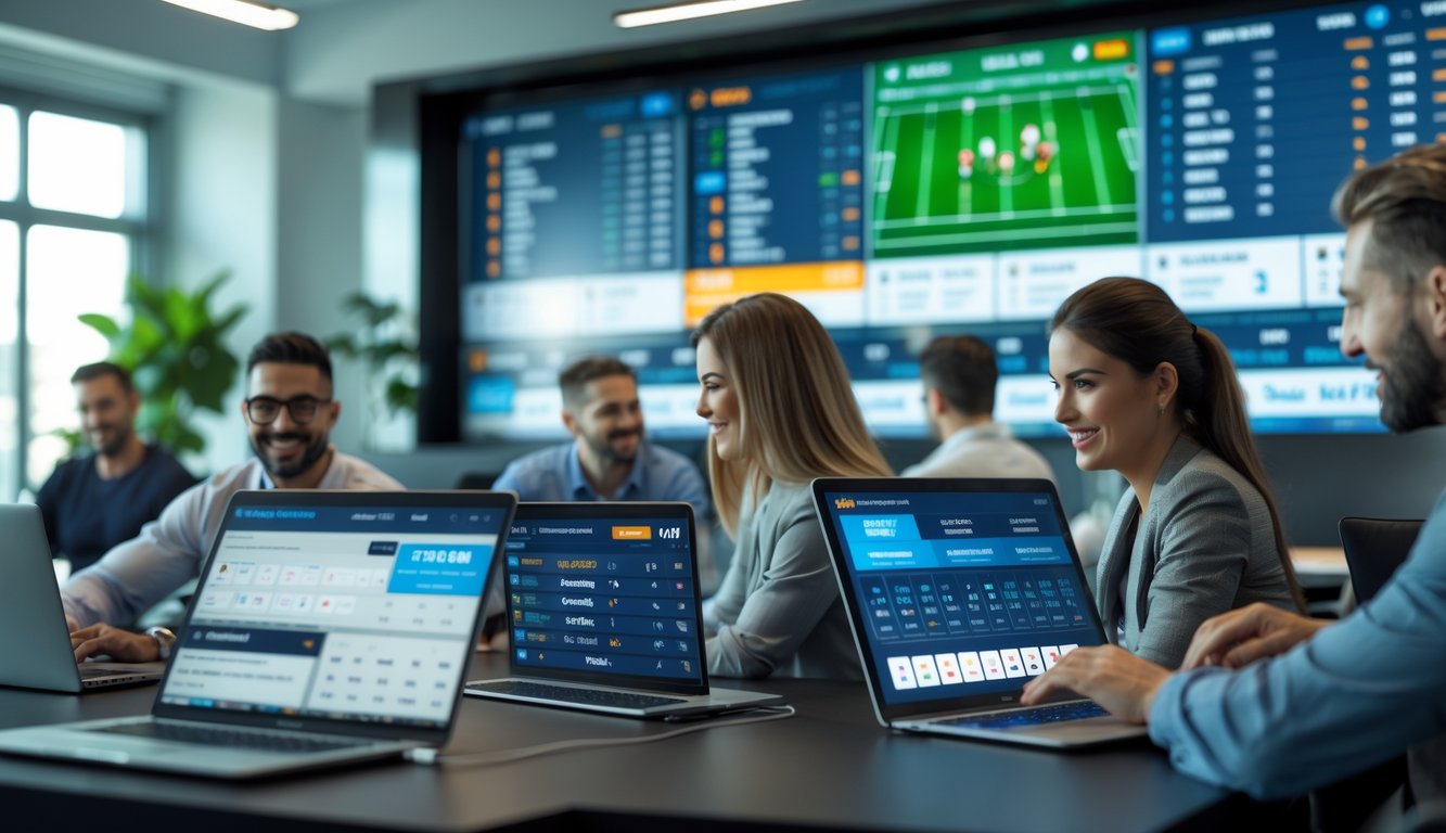 Orang-orang menggunakan perangkat elektronik untuk memasang taruhan olahraga secara langsung di ruang modern dengan layar besar menampilkan berbagai acara olahraga.