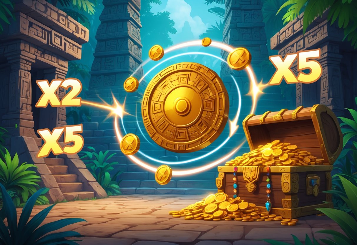 Ilustrasi sebuah kuil Aztek kuno dengan koin emas berputar dan simbol pengali di sekitarnya, serta peti harta karun yang penuh dengan koin dan permata.