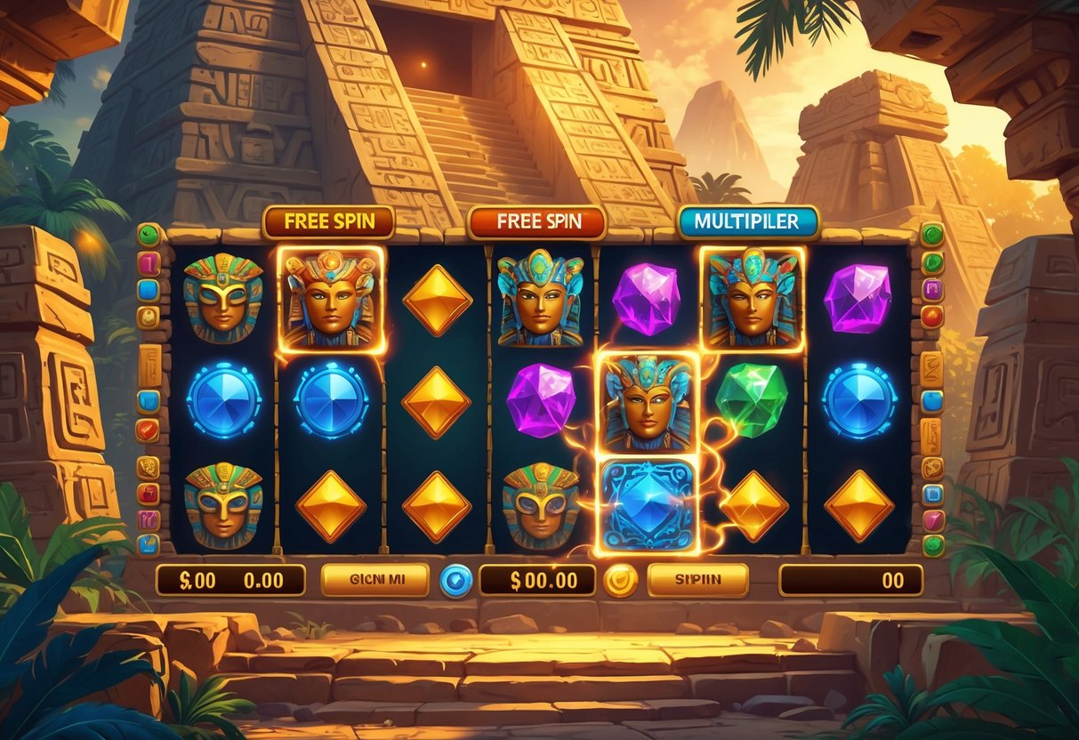 Ilustrasi fitur putaran gratis dan pengganda dalam permainan Treasures of Aztec dengan latar kuil Aztek dan gulungan simbol berwarna-warni.