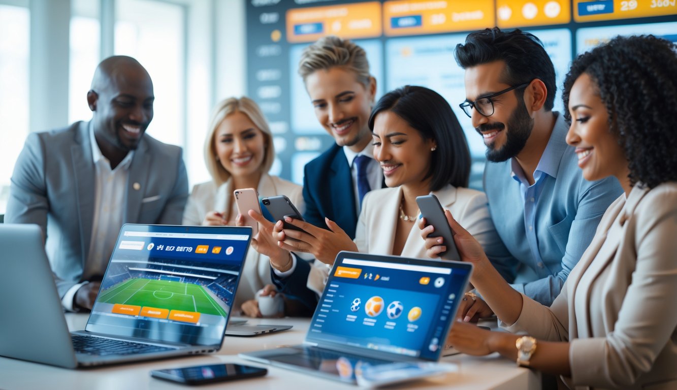 Beberapa orang menggunakan perangkat digital untuk memasang taruhan olahraga di lingkungan yang cerah dan modern.