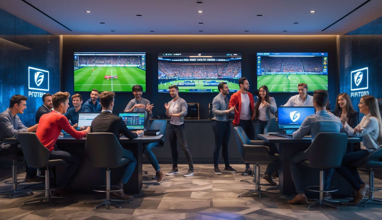 Sekelompok orang muda sedang melihat pertandingan sepak bola dan e-sports di layar besar sambil menggunakan perangkat elektronik dalam ruangan modern.