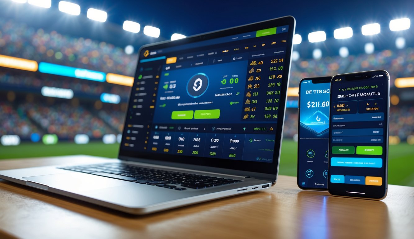 Seorang pengguna menggunakan laptop dan ponsel untuk memasang taruhan olahraga dengan latar belakang stadion olahraga yang ramai.