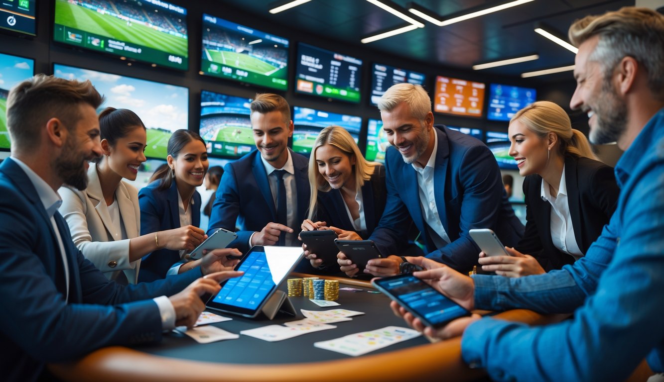 Sekelompok orang beragam usia sedang menonton pertandingan olahraga di layar besar dan menggunakan perangkat digital untuk memasang taruhan di ruangan modern.