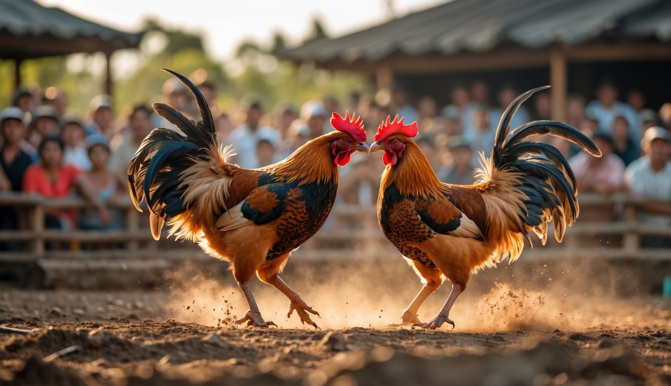 Dua ayam jago sedang bertarung di depan kerumunan orang yang menonton dengan antusias dalam suasana luar ruangan.