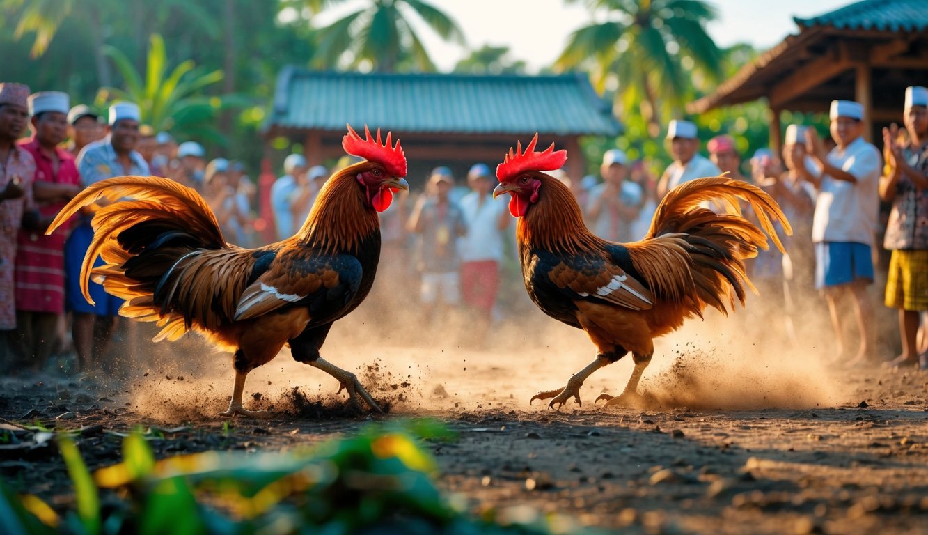 Dua ayam jago sedang bertarung di depan kerumunan orang yang antusias di lingkungan pedesaan Indonesia.