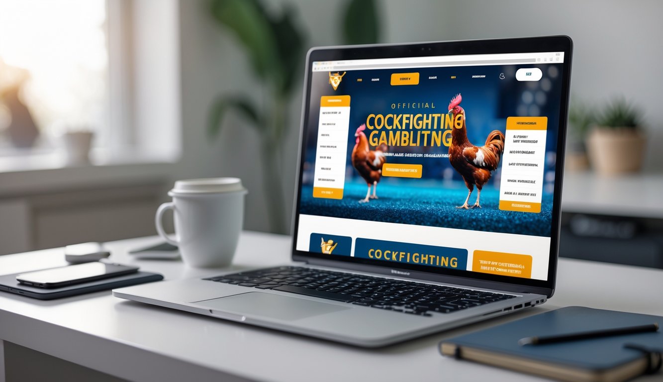 Seorang pengguna sedang mengakses situs judi sabung ayam online di laptop di meja kerja dengan suasana terang dan rapi.