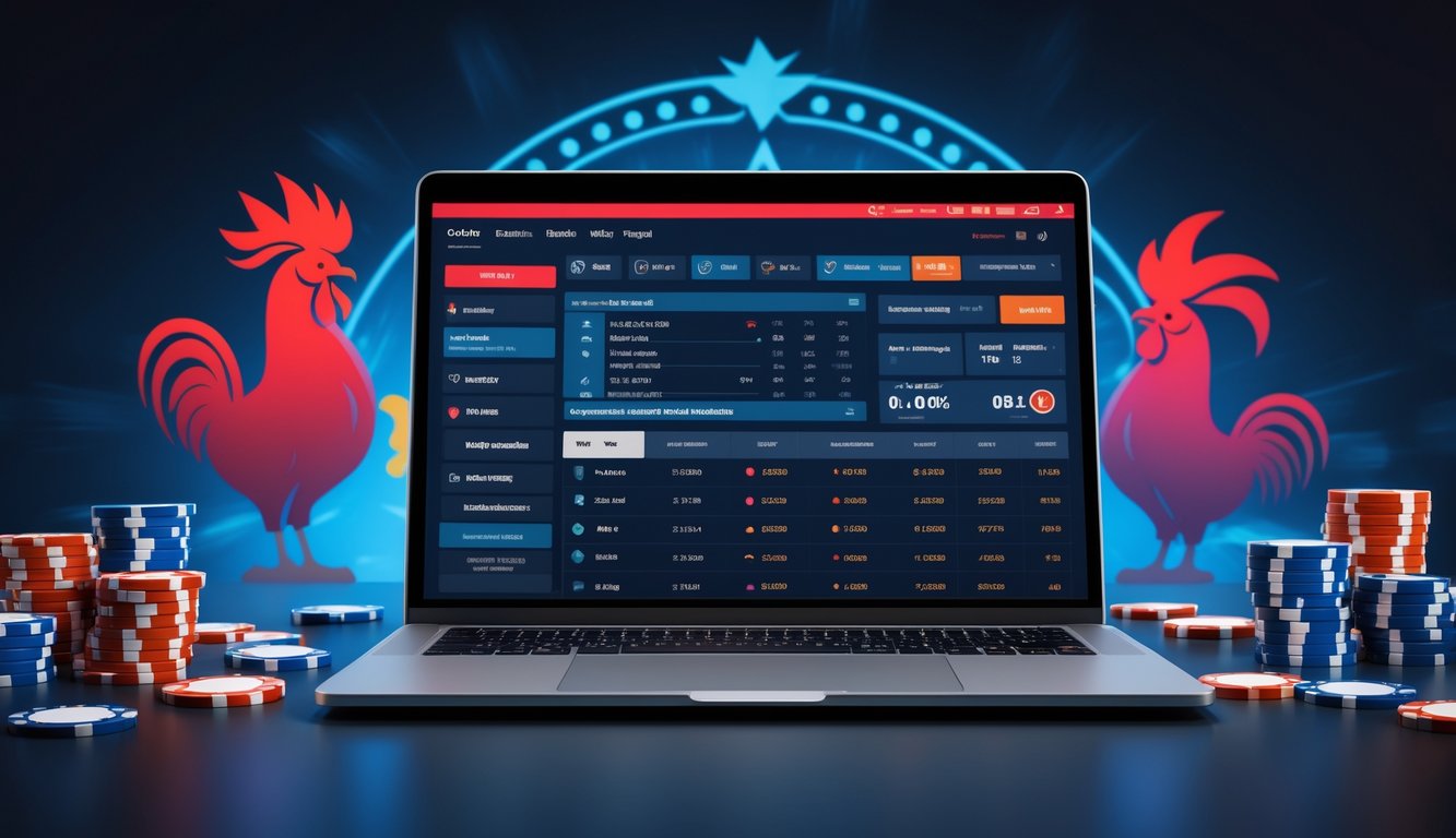 Sebuah layar komputer menampilkan antarmuka taruhan online dengan ilustrasi ayam jago dan elemen taruhan di sekitar meja kerja yang rapi.
