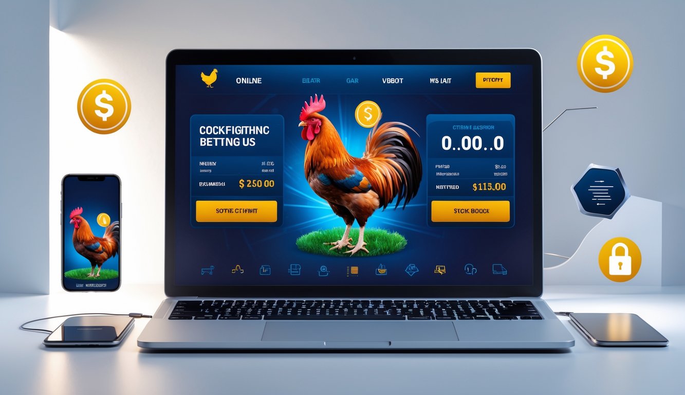 Seseorang menggunakan laptop dan ponsel untuk memasang taruhan sabung ayam secara online dengan simbol transaksi cepat dan aman di meja kerja.
